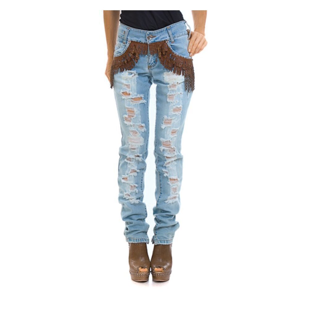ELEONORA Real Leather‎ Trim Distressed Skinny Jeans